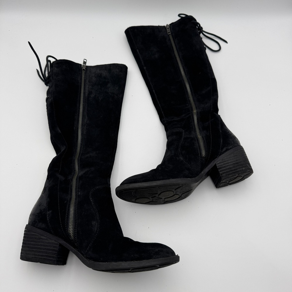Born Felicia Womens 8.5 Black Suede Tall Wide Calf Block Heel Lace Up Boots - Picture 3 of 12